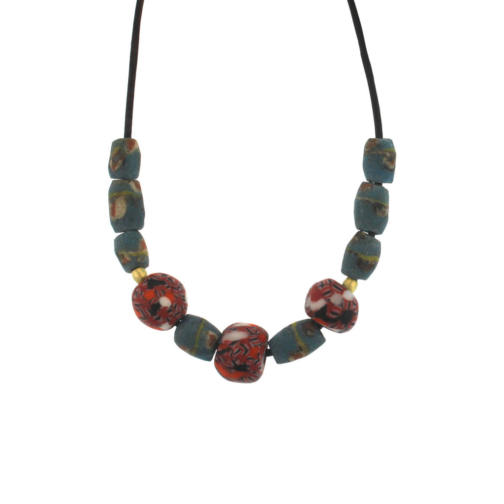 A Coral + Turquoise Patterned Glass Bead Necklace