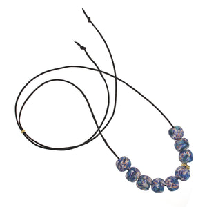 A Blue Patterned Recycled Glass Bead Necklace