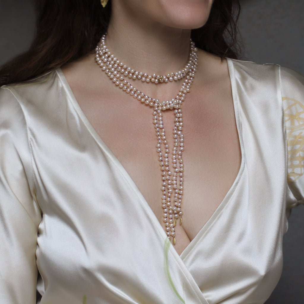 The Freshwater Pearl & Lotus Leaf Double Strand Scarf Necklace