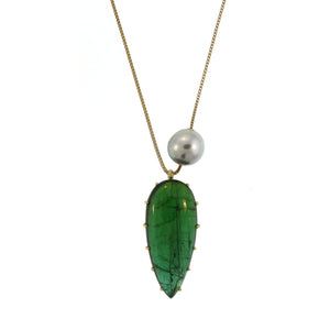 A Long Green Tourmaline + Pearl Chain Necklace