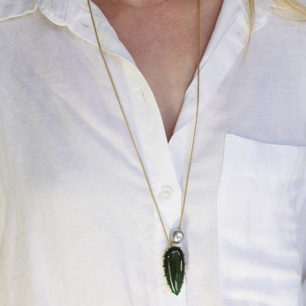 A Long Green Tourmaline + Pearl Chain Necklace