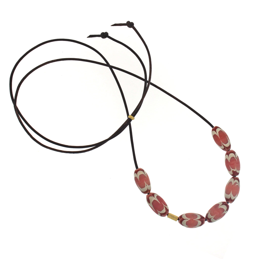 A Pink, Red, + White Swirl Bead Necklace