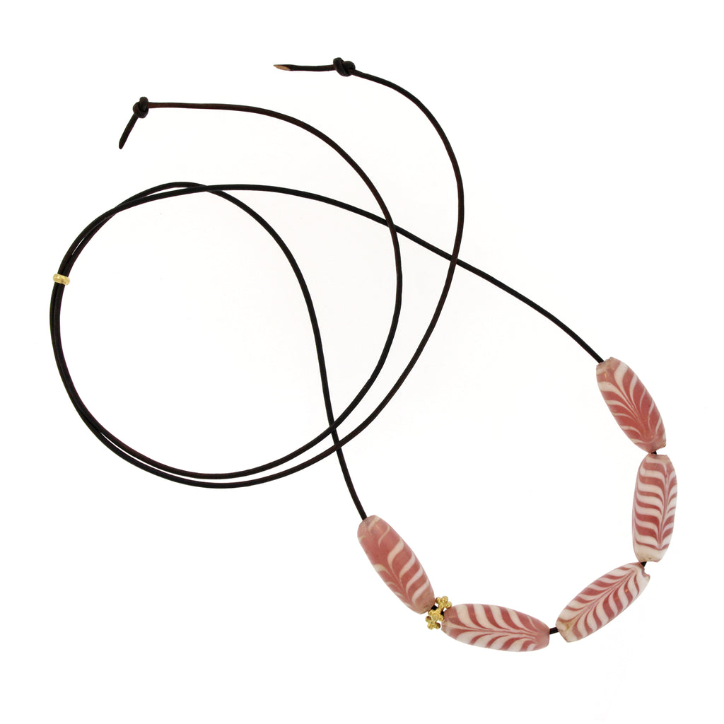 An Indonesian Pink + White Swirl Glass Bead Necklace