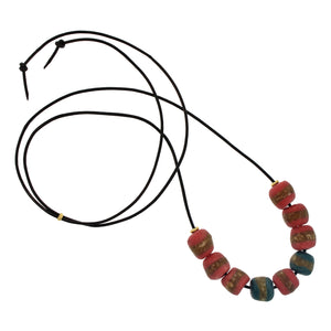 A Salmon, Teal, + Brown Striped Bead Necklace