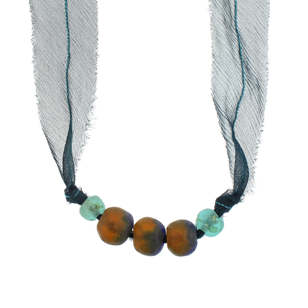 The African Glass Beads with Peacock Silk Chiffon Tie Necklace