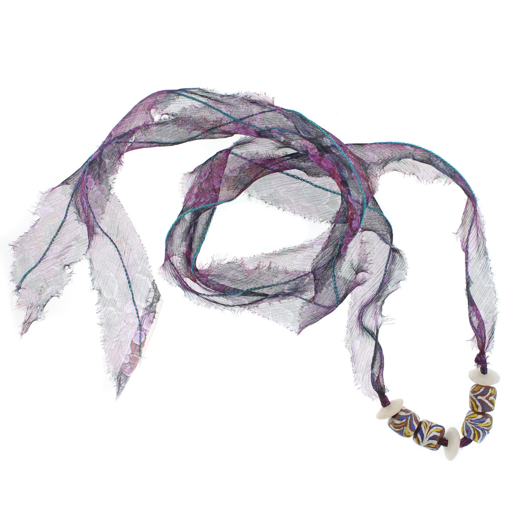A Multi-colored Bead with Liberty Violet Daydream Silk Chiffon Tie Necklace