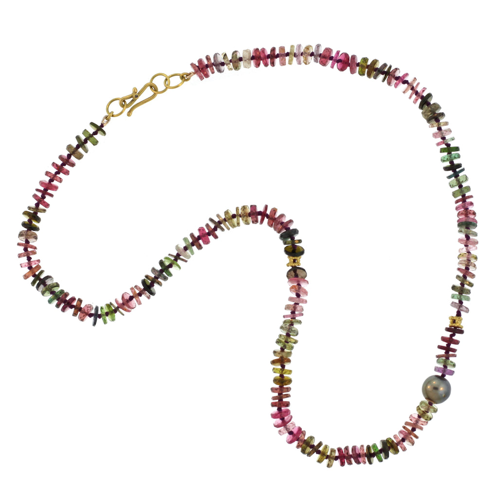 Tourmaline Disc, Tahitian Pearl, and Gold Bead Necklace