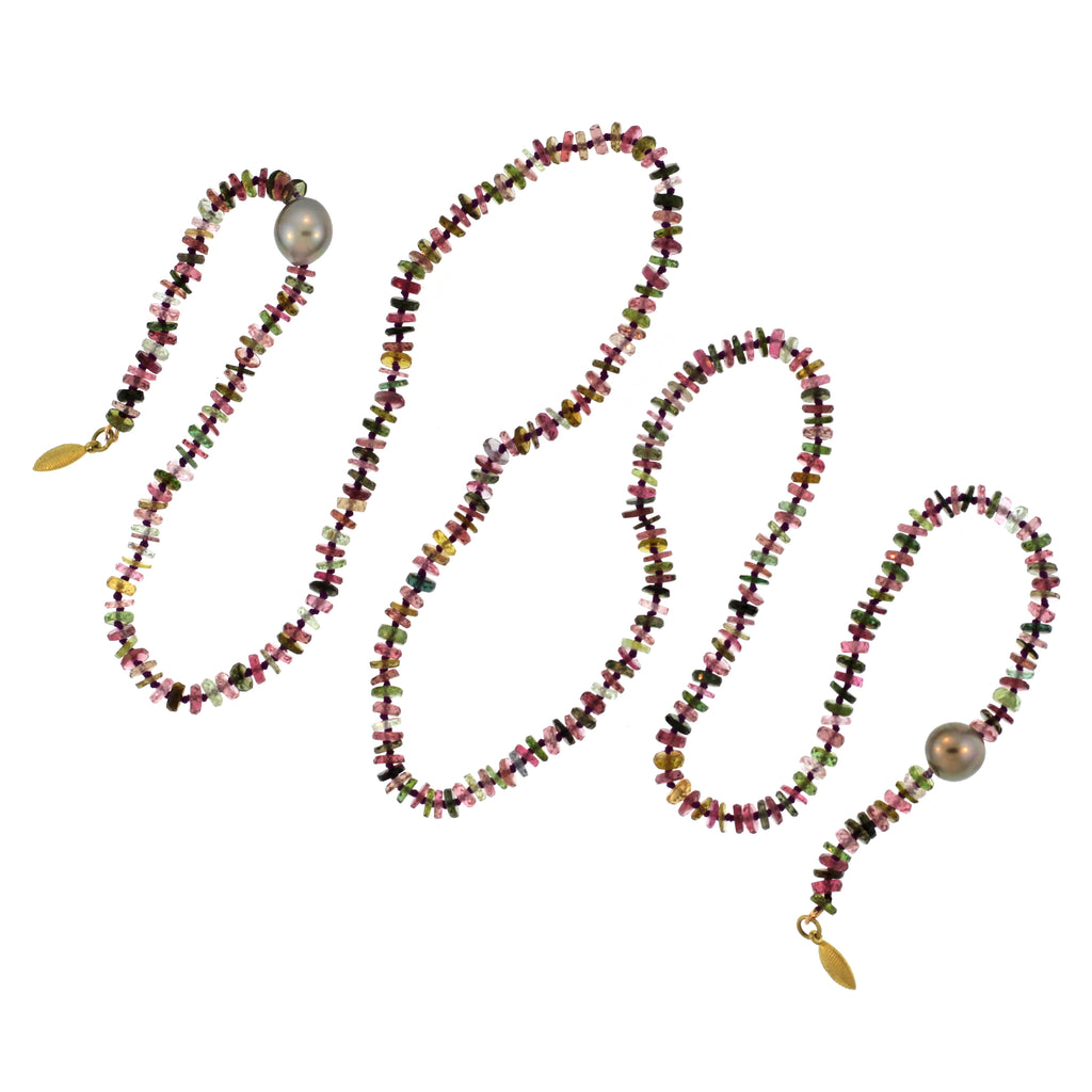 A Tourmaline, Pearl and Lotus Leaf Lariat Necklace