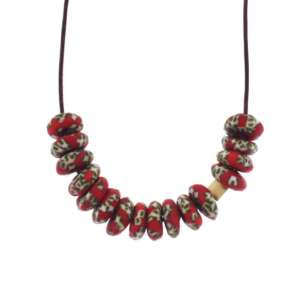 A Recycled Red and Green Glass Bead Necklace