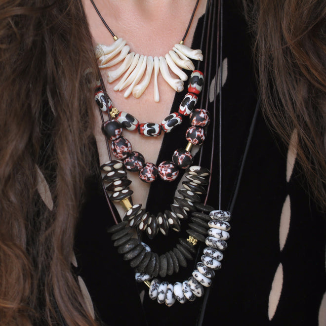 A Red, Black, + White Swirl Bead Necklace
