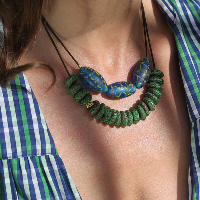 A Green + Brown Speckled Glass Bead Necklace