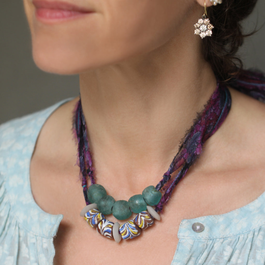A Multi-colored Bead with Liberty Violet Daydream Silk Chiffon Tie Necklace