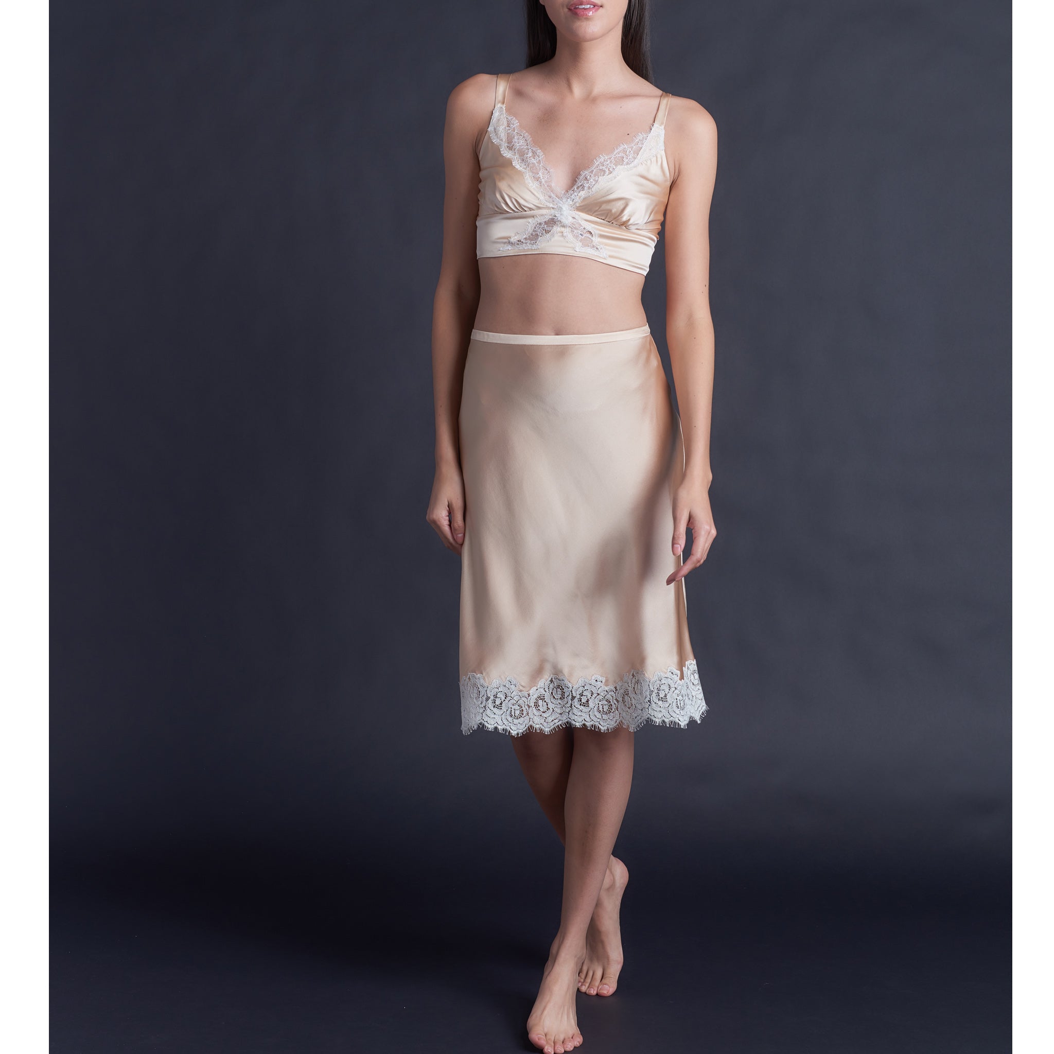 Kali Half Slip in Rose Gold Silk Charmeuse with Ivory Lace