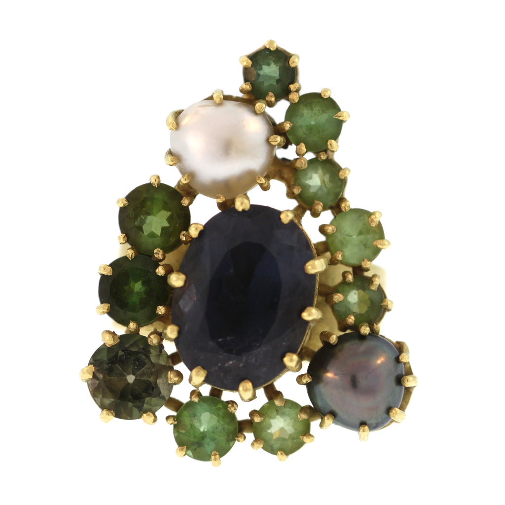The Green and Blue Tourmaline and Pearl Cluster Ring
