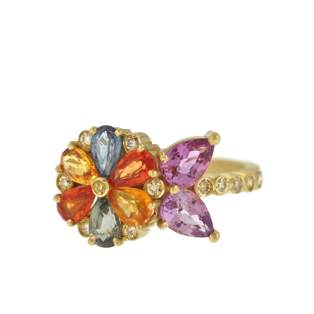 The Multicolored Sapphire + Diamond Flower Ring