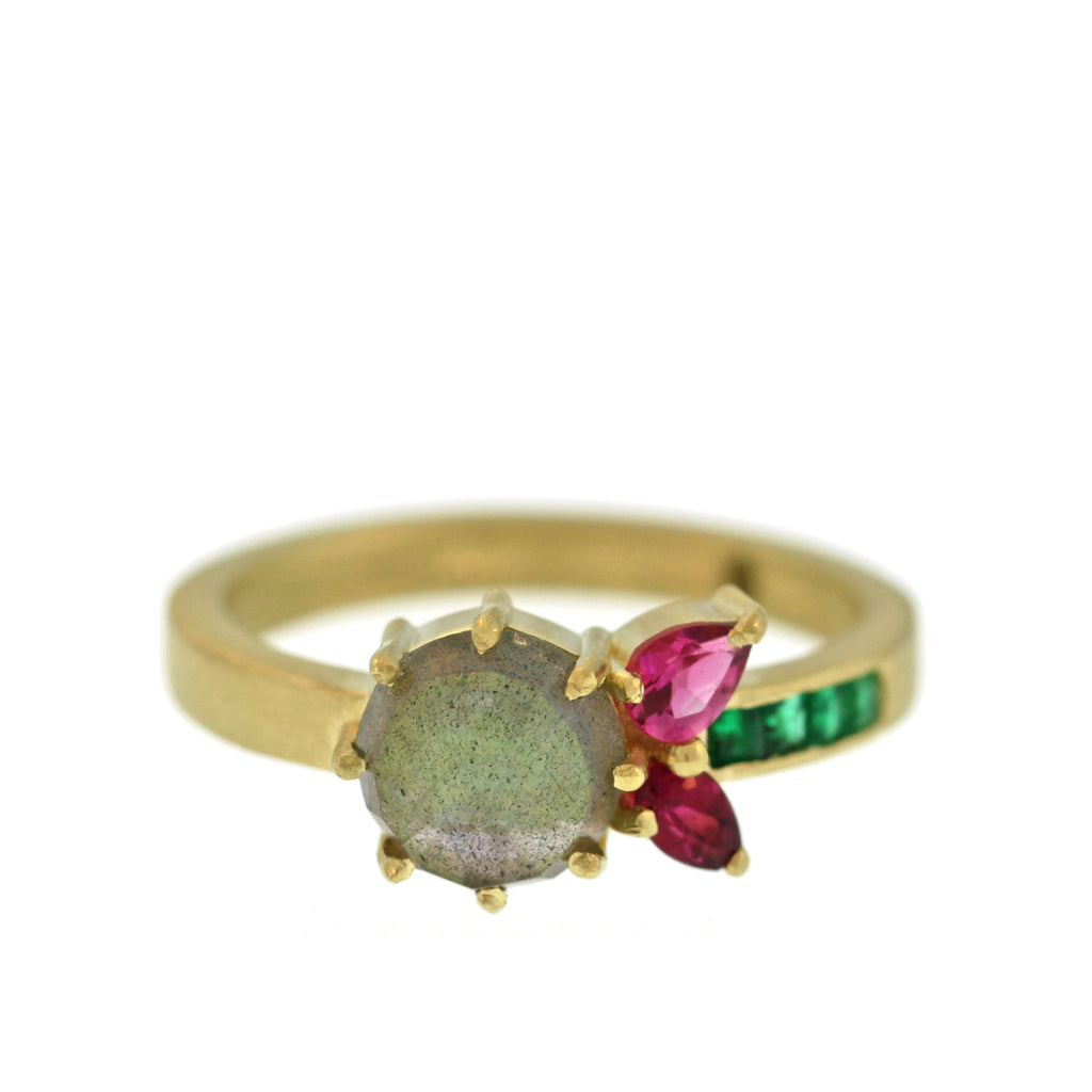 The Labradorite + Tourmaline + Emerald Flower Ring