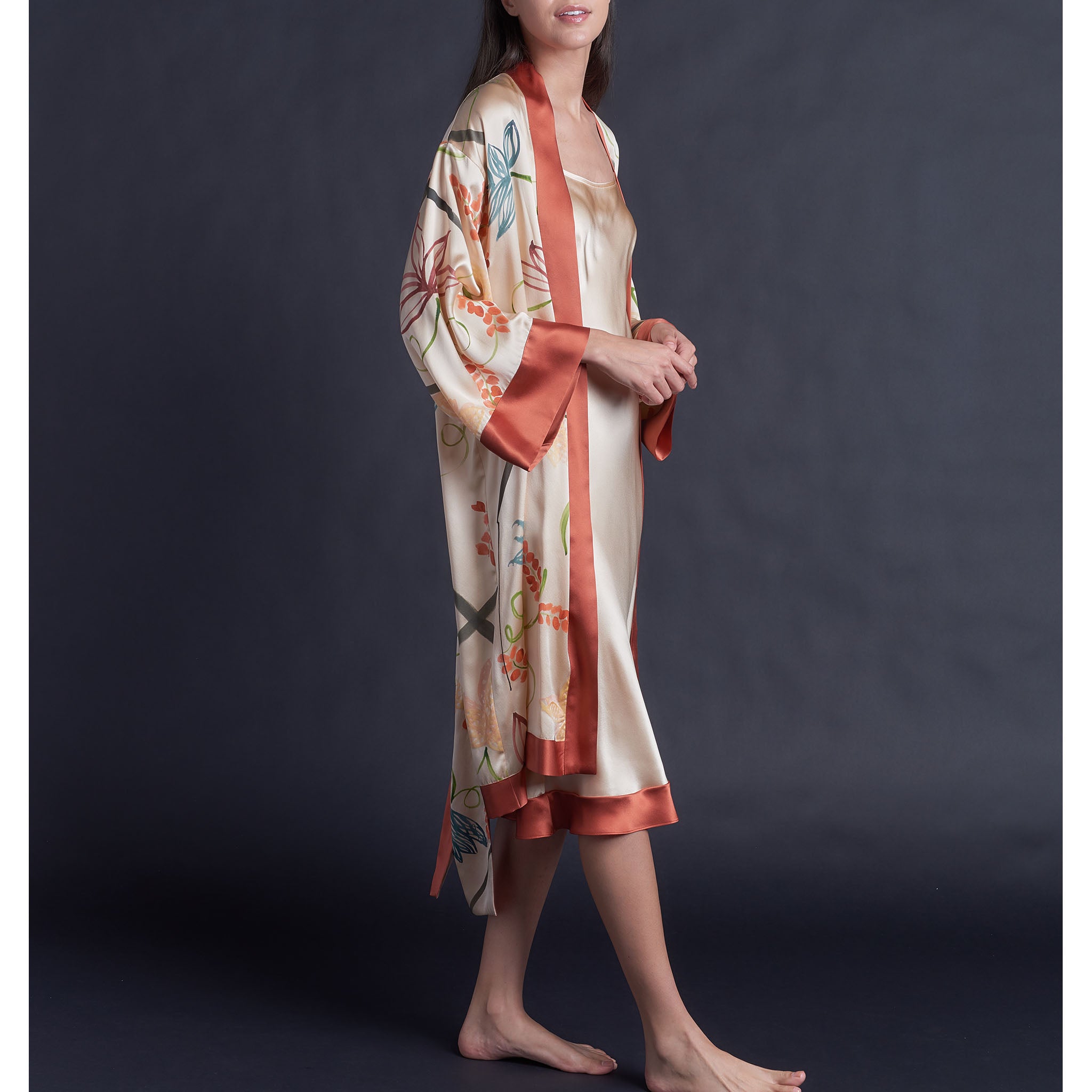 Selene Knee Length Robe in One of Kind Hand Painted Silk Charmeuse