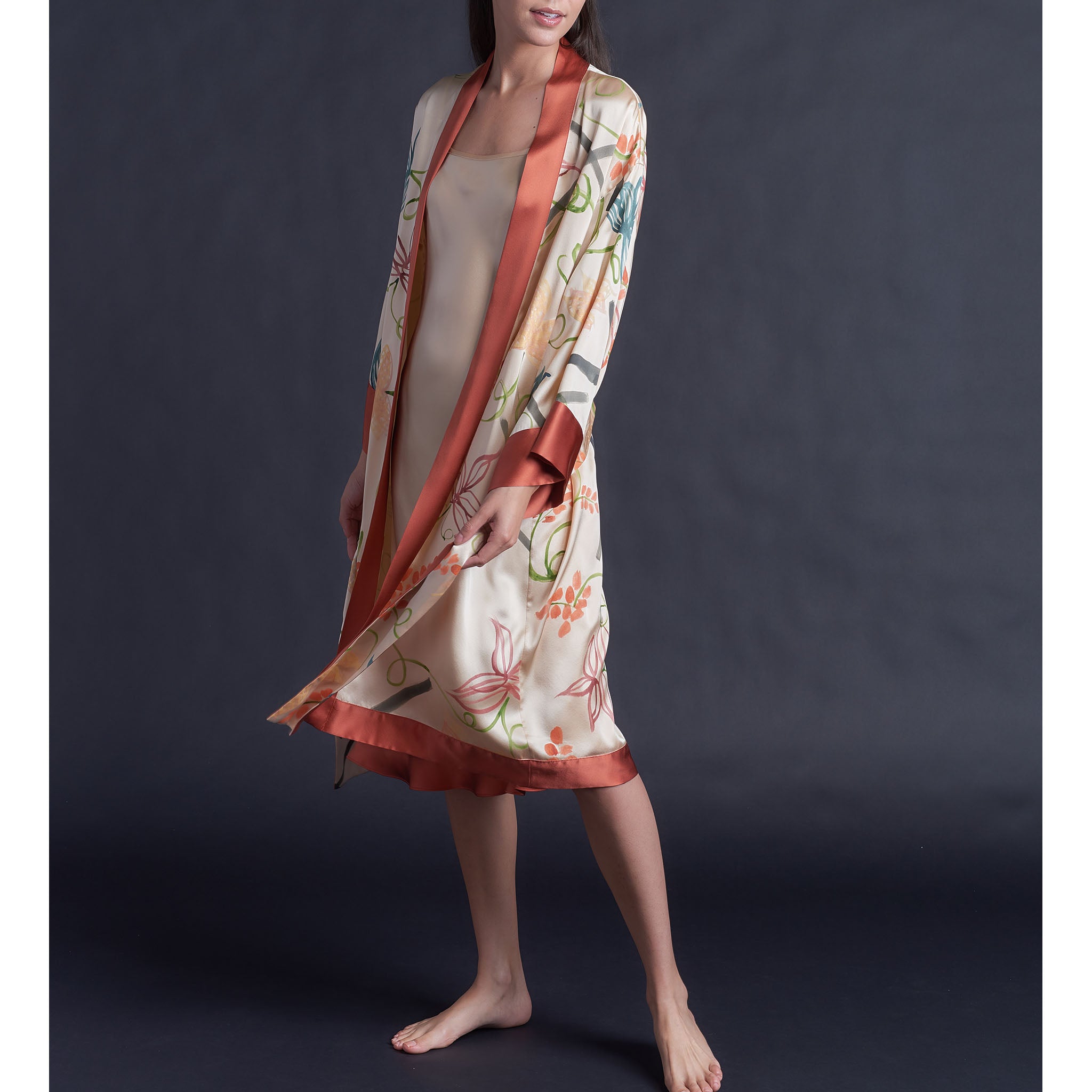 Selene Knee Length Robe in One of Kind Hand Painted Silk Charmeuse