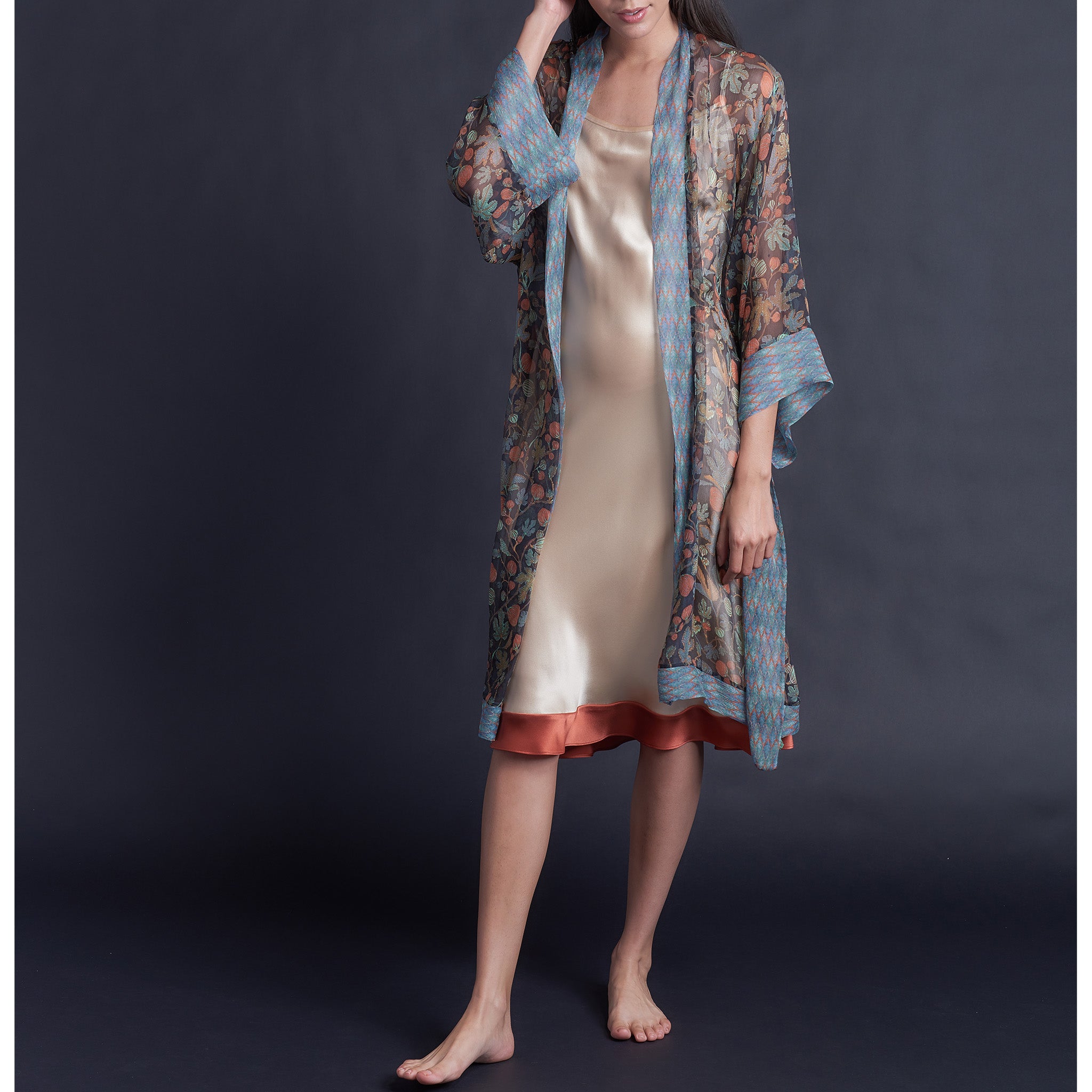 Selene Knee Length Robe in Print Block Persimmon Liberty Silk Crinkle Chiffon