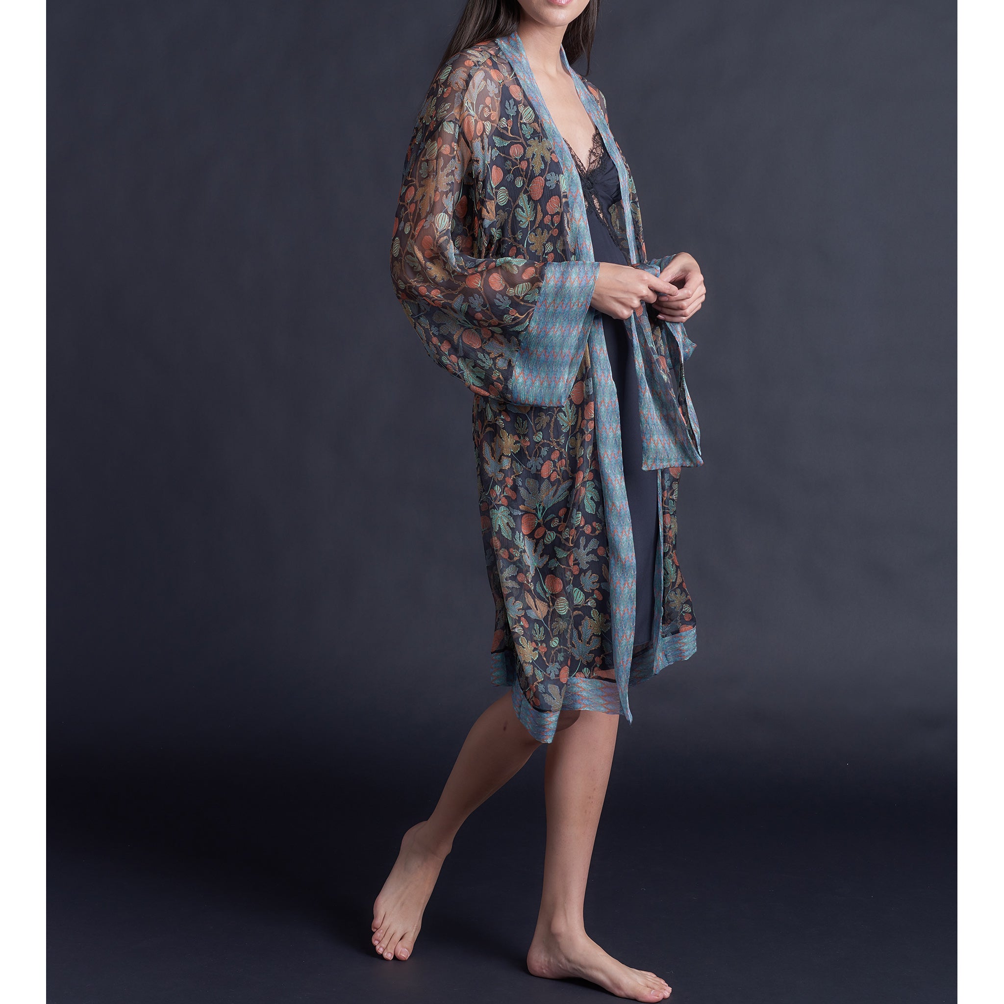 Selene Knee Length Robe in Print Block Persimmon Liberty Silk Crinkle Chiffon