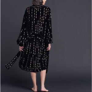 Selene Knee Length Robe in Black Burnout Silk Velvet