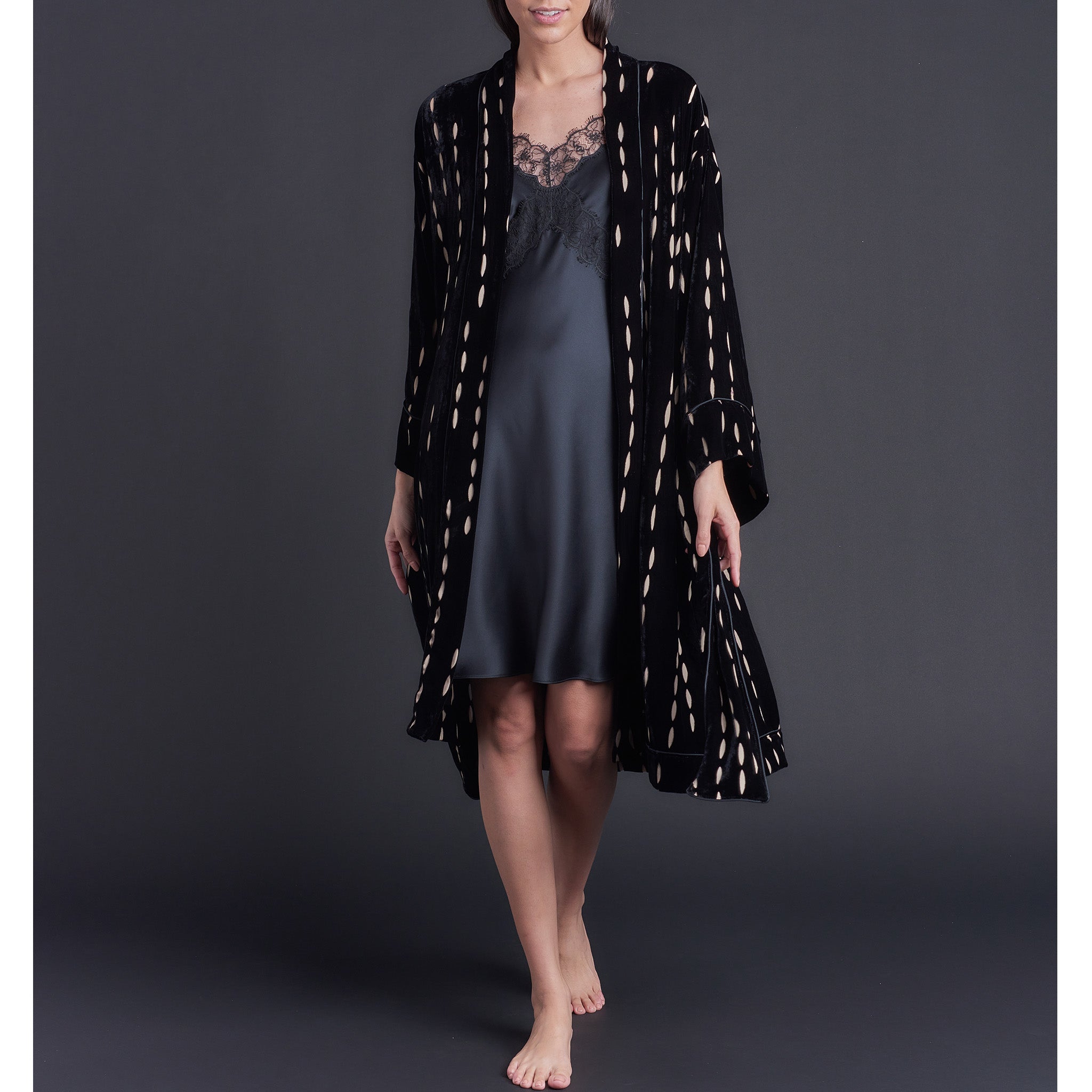 Selene Knee Length Robe in Black Burnout Silk Velvet
