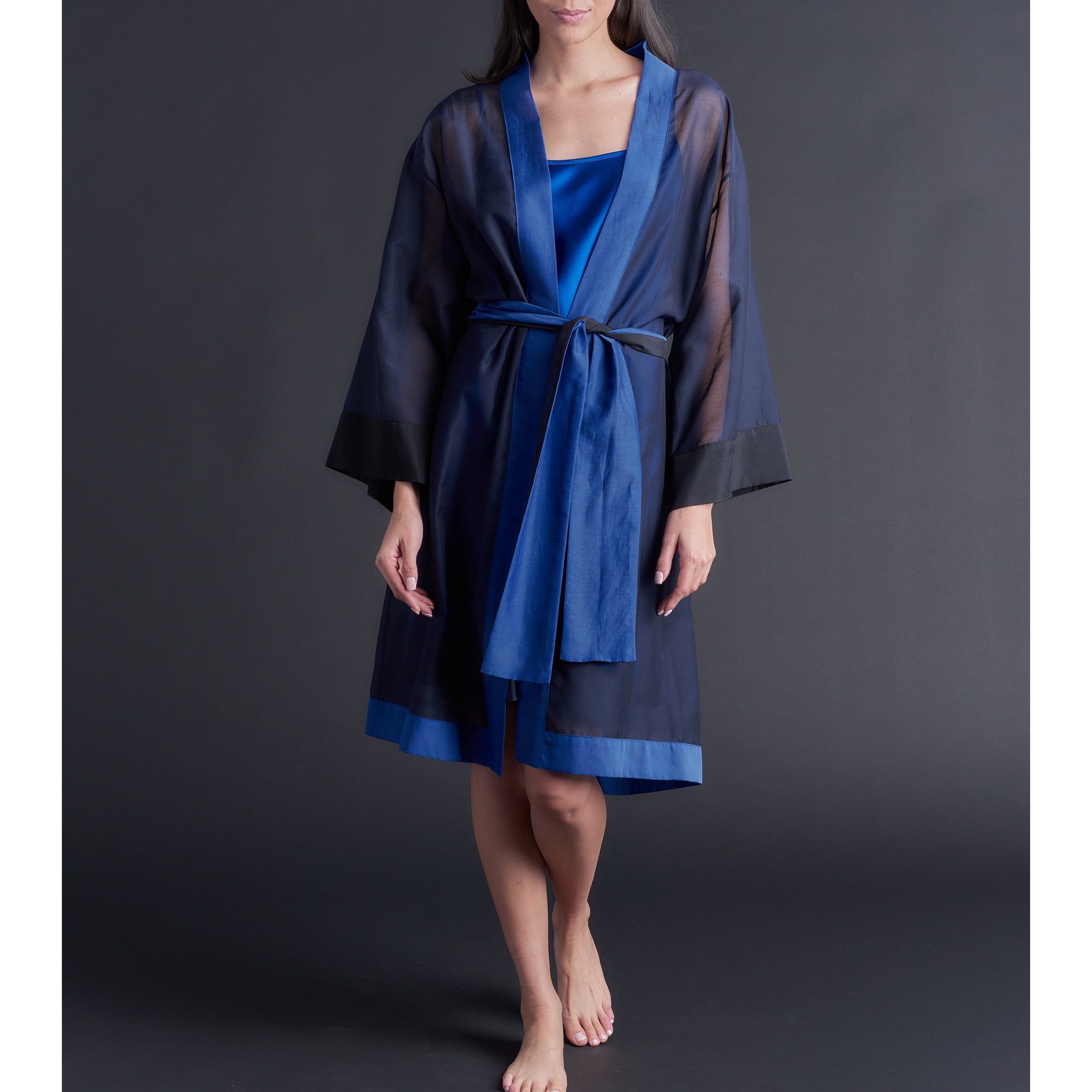 Selene Knee Length Robe in Color-block Sapphire Silk Cotton Voile