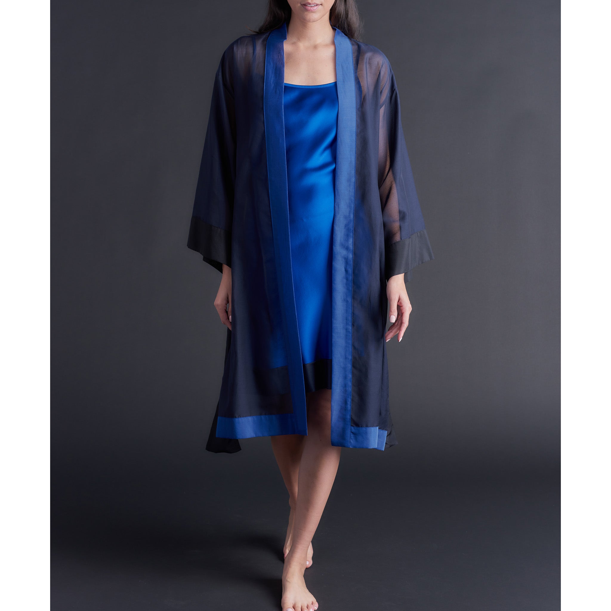 Selene Knee Length Robe in Color-block Sapphire Silk Cotton Voile