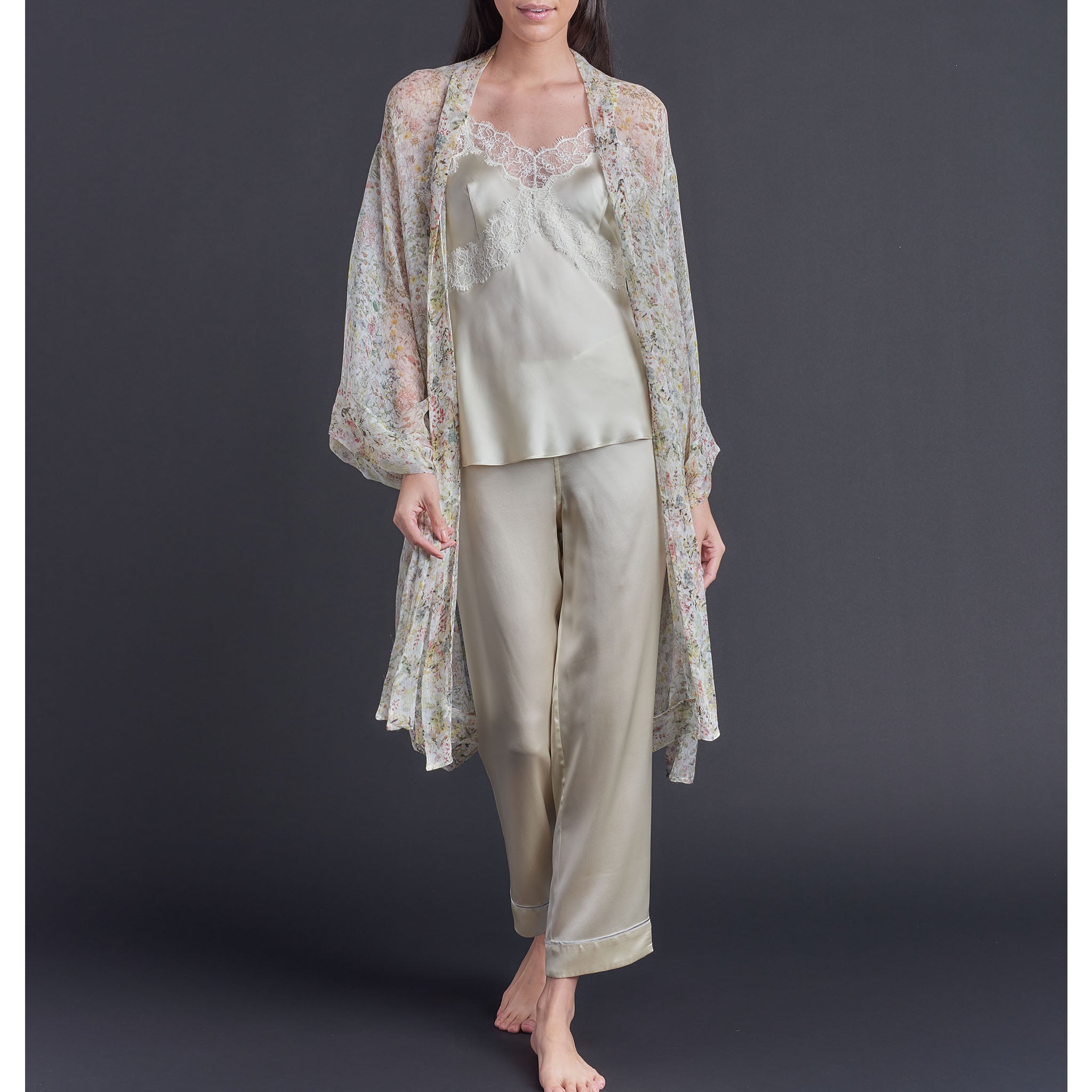Selene Knee Length Robe in Print Block Wildflower Liberty Silk Crinkle Chiffon