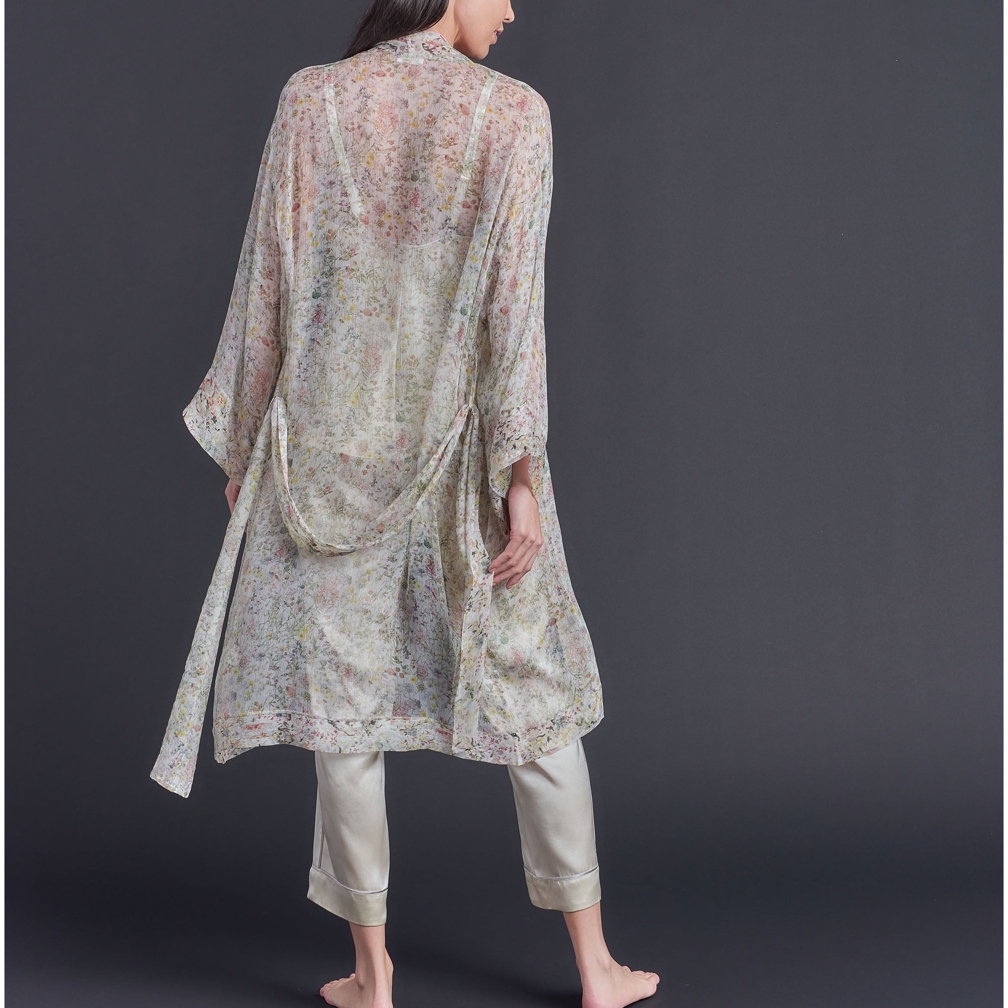 Selene Knee Length Robe in Print Block Wildflower Liberty Silk Crinkle Chiffon