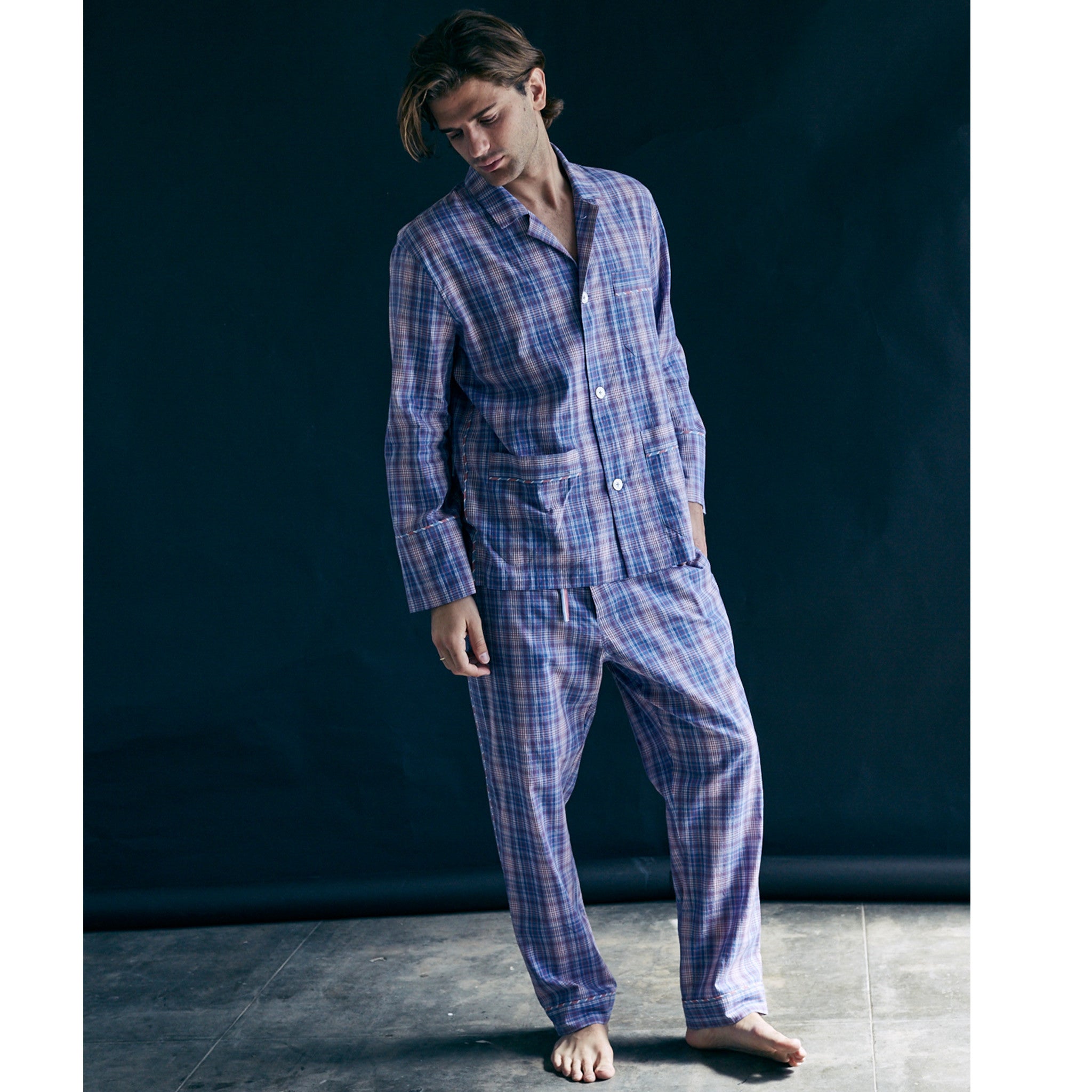Hyperion Pajama Shirt in Blue Plaid Italian Cotton