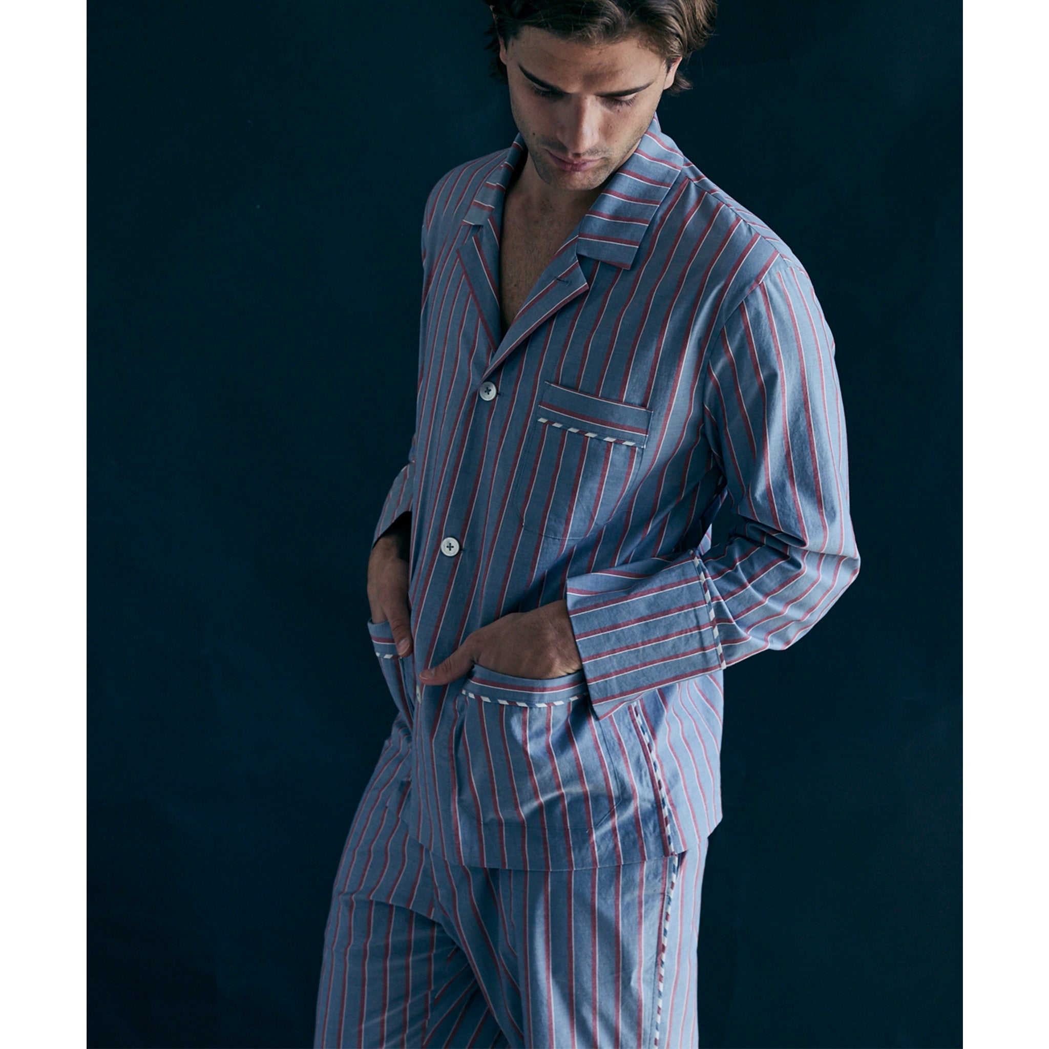 Hyperion Pajama Shirt in Grey with Red Stripe Italian Cotton