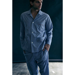 Hyperion Pajama Shirt in Blue Micro Check Italian Cotton
