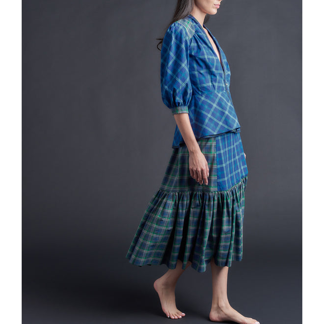 Elena Jacket in Blue Geen Plaid Italian Cotton