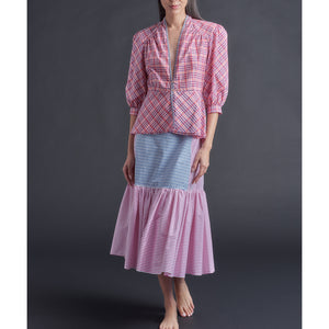 Brigitte Ruffle Skirt in Italian Cotton Pink Blue White Stripe