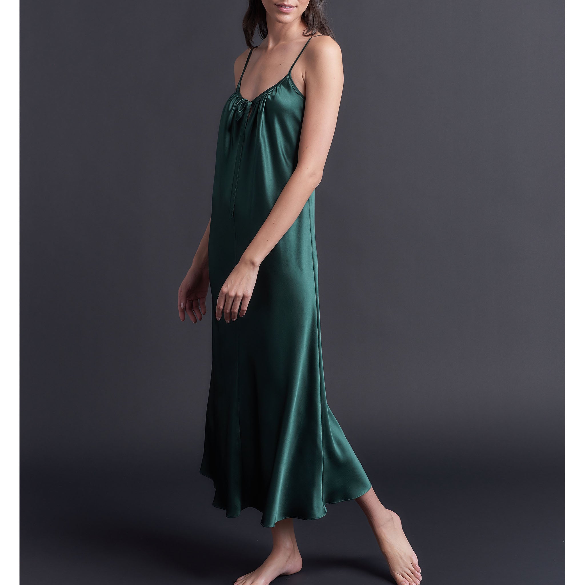 Paneled Slip Dress in Forest Green Bias Silk Charmeuse