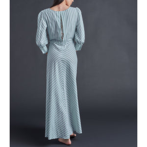 Vesta Wrap Dress in Blue + Green Cotton Stripe