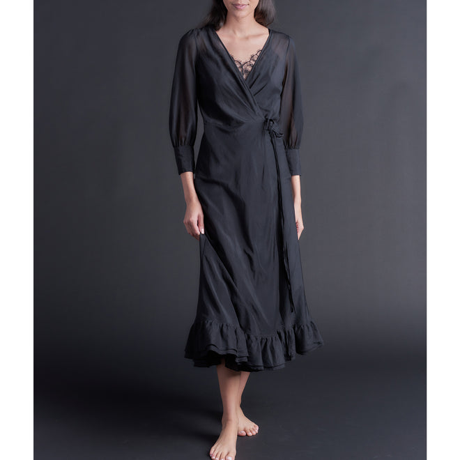 Hestia Wrap Dress in Black Silk Cotton Voile