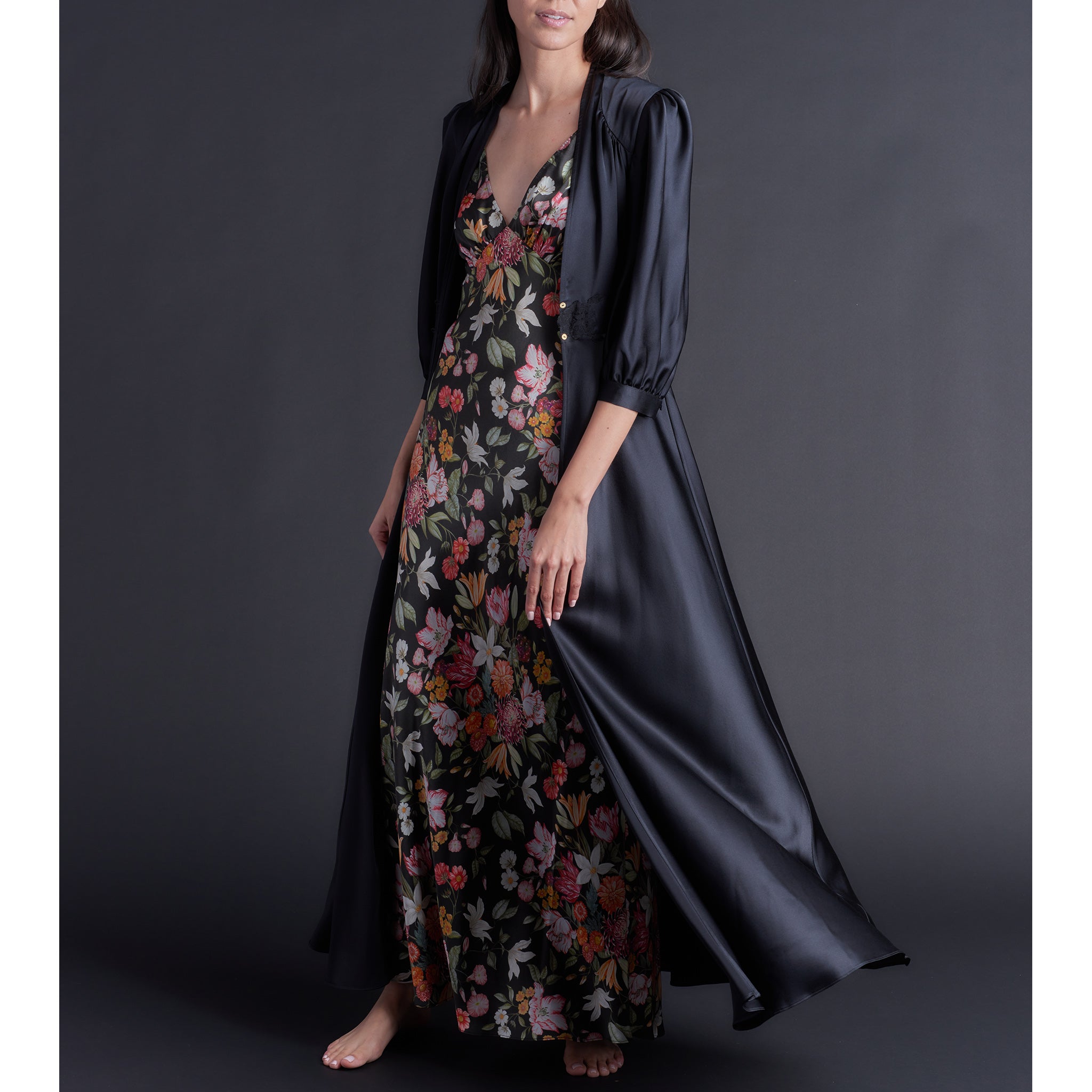 Ava Black Stately Bouquet Liberty Print Silk Charmeuse Slip Dress