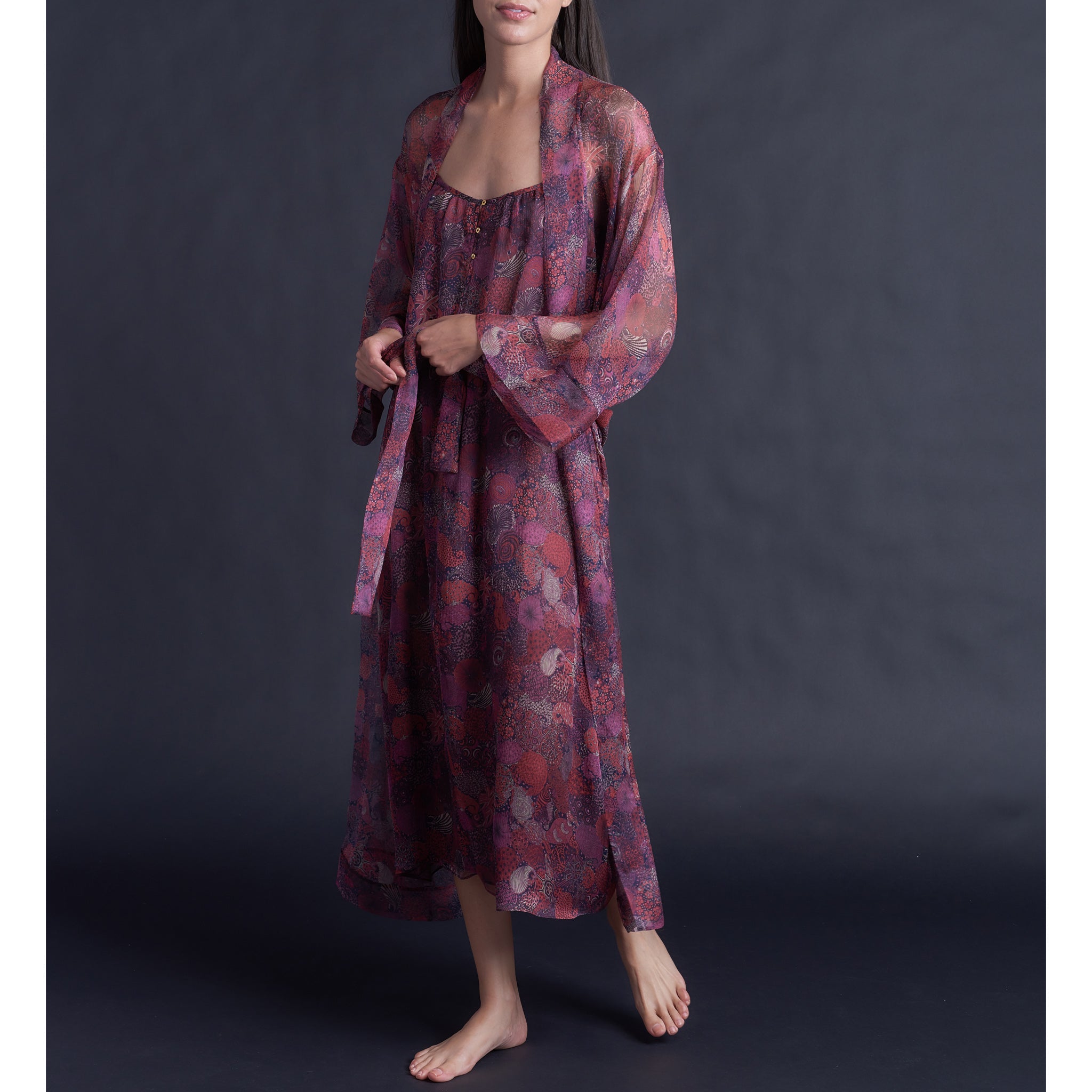 Asteria Kimono Robe in Liberty of London Midnight Liberty Silk Crinkle Chiffon